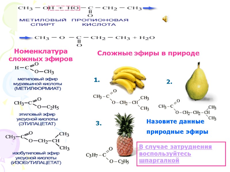 Номенклатура сложных эфиров Сложные эфиры в природе Назовите данные природные эфиры В случае затруднения